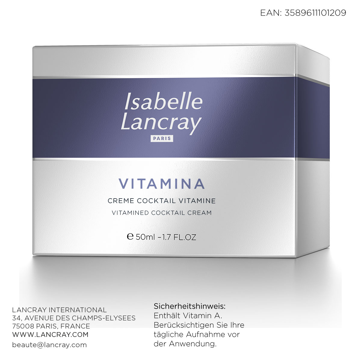 Hersteller: Lancray International | 34, Avenue des Champs-Elysees | 75008 Paris, France | Web: www.lancray.com | E-Mail: beaute@lancray.com

Sicherheitshinweis: Enthält Vitamin A - Berücksichtigen Sie Ihre tägliche Aufnahme vor der Anwendung.